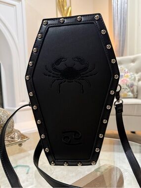 Black Coffin Crossbody Bag with Stud Trim and Crab Motif